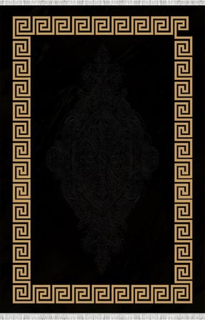 Siyah ve Altın Desenli Dijital Baskılı Halı Kaymaz Tabanlı Modern Geometrik Bordürlü Dekoratif Salon ve Oda Halısı