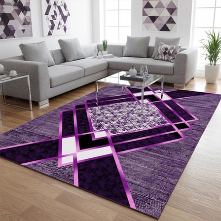 Siyah Lila Modern Geometrik Desenli Dijital Baskılı Halı – Kaymaz Tabanlı, Üçgen ve Elmas Formlu Şık Salon ve Oda Halısı