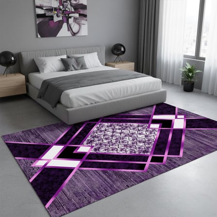 Siyah Lila Modern Geometrik Desenli Dijital Baskılı Halı – Kaymaz Tabanlı, Üçgen ve Elmas Formlu Şık Salon ve Oda Halısı