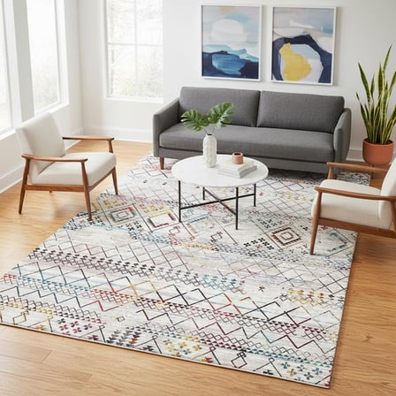 Krem ve Çok Renkli Etnik Desenli Dijital Baskılı Halı Kaymaz Tabanlı, Modern Boho Çizgili Salon ve Oda Halısı