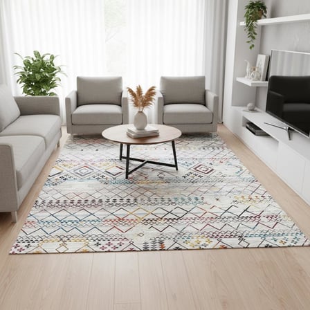 Krem ve Çok Renkli Etnik Desenli Dijital Baskılı Halı Kaymaz Tabanlı, Modern Boho Çizgili Salon ve Oda Halısı