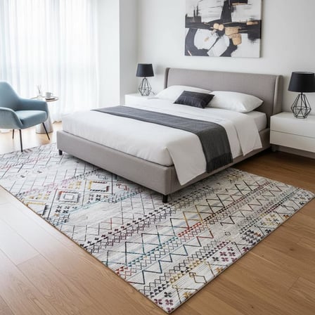 Krem ve Çok Renkli Etnik Desenli Dijital Baskılı Halı Kaymaz Tabanlı, Modern Boho Çizgili Salon ve Oda Halısı