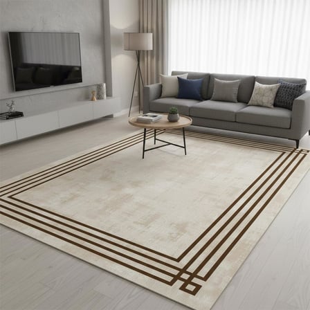 Kahve Bej Modern Çerçeve Desenli Dijital Baskılı Halı – Kaymaz Tabanlı, Minimal Dokulu Şık Salon ve Oda Halısı