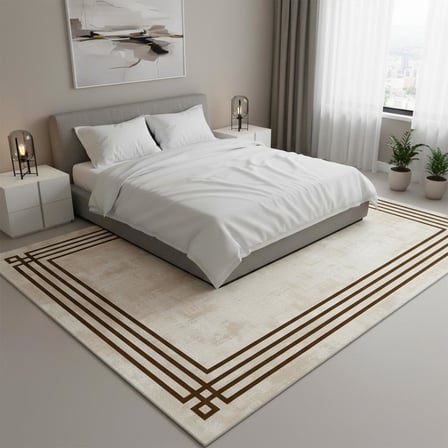 Kahve Bej Modern Çerçeve Desenli Dijital Baskılı Halı – Kaymaz Tabanlı, Minimal Dokulu Şık Salon ve Oda Halısı