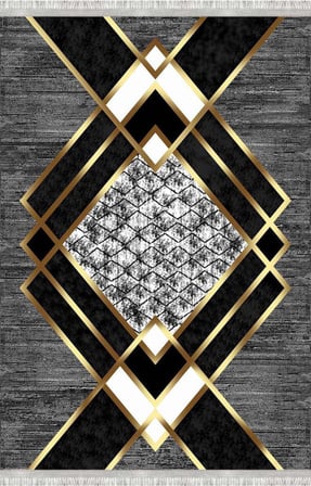 Gri ve Altın renklerde Modern Geometrik Desenli Dijital Baskılı Halı – Kaymaz Tabanlı, Üçgen ve Elmas Formlu Şık Salon ve Oda Halısı