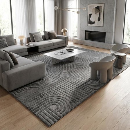 Koyu Gri Modern Geometrik Desenli Dijital Baskılı Kaymaz Tabanlı Yıkanabilir Antibakteriyel Halı