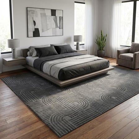 Koyu Gri Modern Geometrik Desenli Dijital Baskılı Kaymaz Tabanlı Yıkanabilir Antibakteriyel Halı