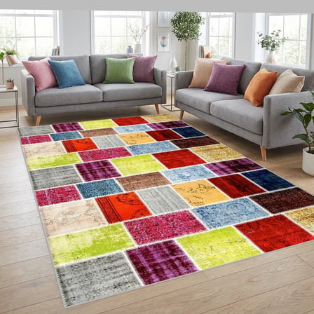 Çok Renkli Patchwork Eskitme Desenli Dijital Baskılı Kaymaz Tabanlı 6 mm Yıkanabilir Halı
