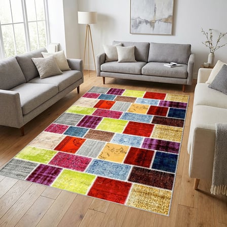 Çok Renkli Patchwork Eskitme Desenli Dijital Baskılı Kaymaz Tabanlı 6 mm Yıkanabilir Halı