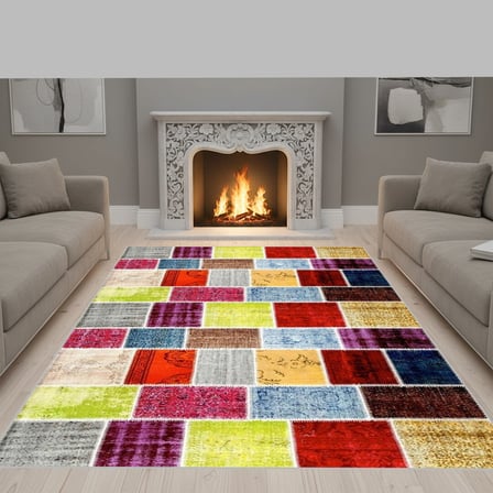 Çok Renkli Patchwork Eskitme Desenli Dijital Baskılı Kaymaz Tabanlı 6 mm Yıkanabilir Halı