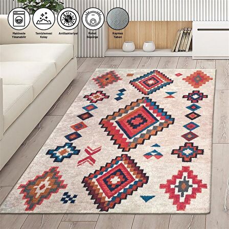  İskandinav otantik kilim desenli Krem Renkli Modern Halı Kaymaz Taban Makinada Yıkanabilir