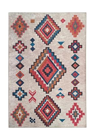  İskandinav otantik kilim desenli Krem Renkli Modern Halı Kaymaz Taban Makinada Yıkanabilir