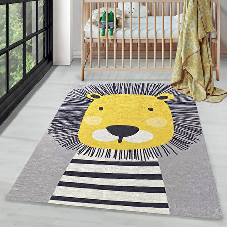 Çocuk Bebek Halısı Sevimli Aslan desenli Gri Halı Yıkanabilir Kaymaz Taban