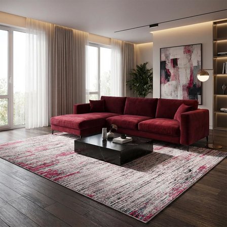 Gri Pembe Salon Halısı Modern Dokulu Dijital Baskılı Kaymaz Tabanlı Halı