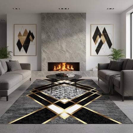 Gri ve Altın renklerde Modern Geometrik Desenli Dijital Baskılı Halı – Kaymaz Tabanlı, Üçgen ve Elmas Formlu Şık Salon ve Oda Halısı