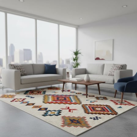 Krem ve Renkli Etnik Desenli Dijital Baskılı Halı – Kaymaz Tabanlı, Modern Boho Tarz Salon ve Oda Halısı
