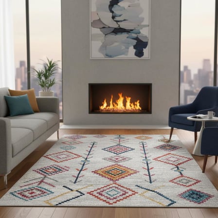 Krem ve Çok Renkli Boho Motifli Otantik Dijital Baskı Halı – Kaymaz Tabanlı, Geometrik Desenli Dekoratif Salon Halısı