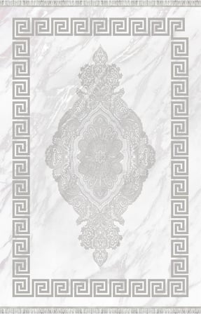 Gri Beyaz Dijital Baskılı Halı Kaymaz Tabanlı Modern Geometrik Bordürlü Dekoratif Salon ve Oda Taban