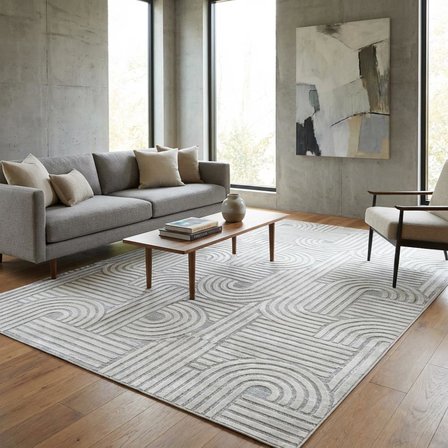 Açık Gri Modern Geometrik Desenli Dijital Baskılı Kaymaz Tabanlı Yıkanabilir Antibakteriyel Halı