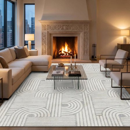 Açık Gri Modern Geometrik Desenli Dijital Baskılı Kaymaz Tabanlı Yıkanabilir Antibakteriyel Halı