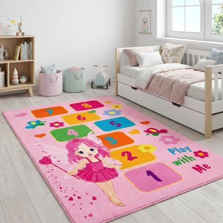 Pembe Çocuk Oyun Halısı Seksek Dijital Baskılı Kaymaz Yıkanabilir Leke Tutmaz Antibakteriyel Halı