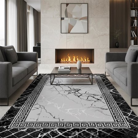 Siyah Gri Mermer Desenli Dijital Baskılı Halı Kaymaz Taban Modern Geometrik Çerçeve Salon Oda Halısı