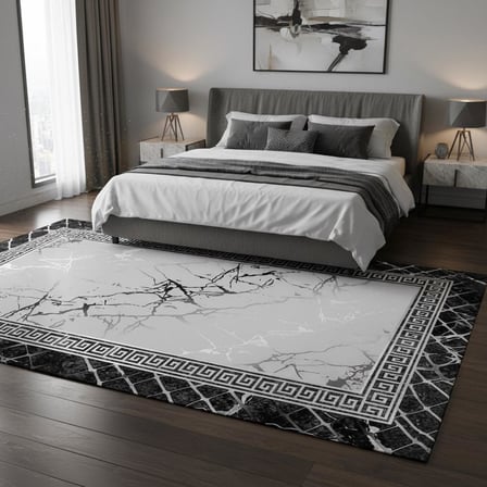 Siyah Gri Mermer Desenli Dijital Baskılı Halı Kaymaz Taban Modern Geometrik Çerçeve Salon Oda Halısı