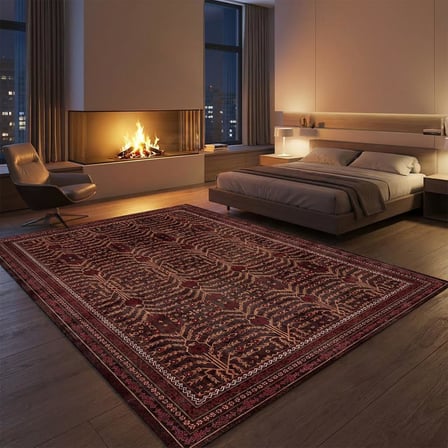 Koyu Kahve Klasik Halı Desenli Dijital Baskılı Kaymaz Tabanlı Salon Halısı