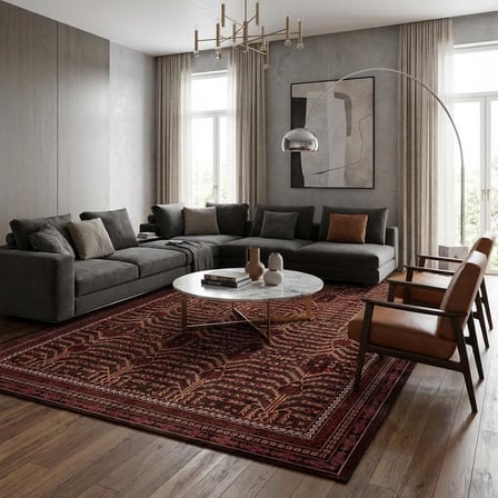 Koyu Kahve Klasik Halı Desenli Dijital Baskılı Kaymaz Tabanlı Salon Halısı