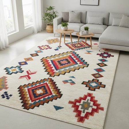Krem ve Renkli Etnik Desenli Dijital Baskılı Halı – Kaymaz Tabanlı, Modern Boho Tarz Salon ve Oda Halısı