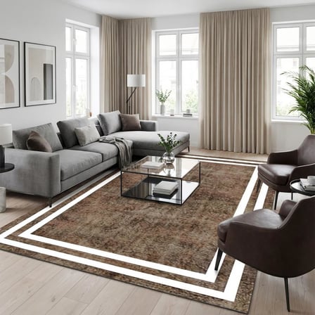Kahverengi Beyaz Modern Salon Halısı Çerçeve Desenli Dijital Baskılı Kaymaz Tabanlı Halı