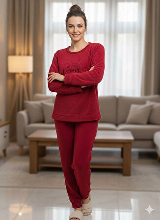 KADIN BORDO POLAR PİJAMA TAKIM