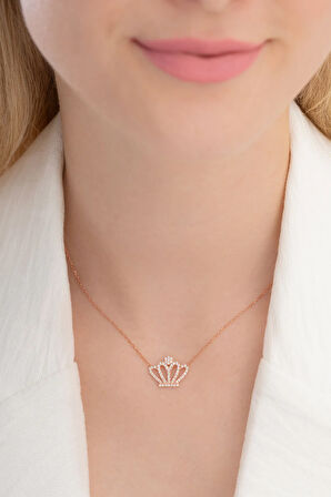 Zirkon Taşlı Rose Kraliçe Tacı Kadın Gümüş Kolye Gklkrlctcm1-ros