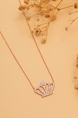 Zirkon Taşlı Rose Kraliçe Tacı Kadın Gümüş Kolye Gklkrlctcm1-ros