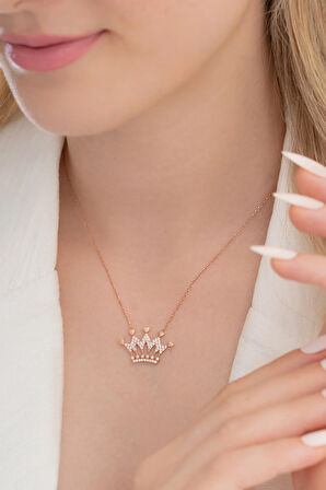 Zirkon Taşlı Rose Renk Kalpli Kral Tacı Kadın Gümüş Kolye Gklkrltcım1-ros