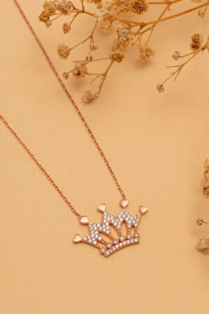 Zirkon Taşlı Rose Renk Kalpli Kral Tacı Kadın Gümüş Kolye Gklkrltcım1-ros