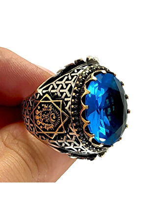Osmanlı Armalı Aqua Marine Taşlı Gümüş Erkek Yüzük