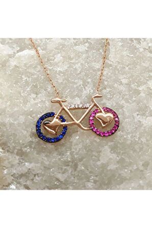 Zirkon Taşlı Rose Renk Bisiklet Kadın Gümüş Kolye