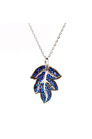 Sonbahar Yaprağı Mavi Taşlı Kadın Gümüş Kolye