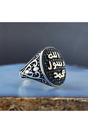Mikro Taşlı Mührü Şerif Yazılı Erkek Gümüş Yüzük Gyzgmstgumu