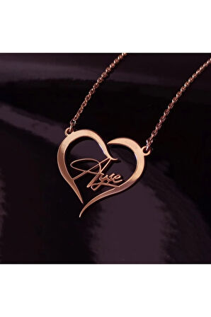 Kadın Rose Renk Kalp İçinde İmza İsim Yazılan  Gümüş Kolye Zincir Gklrosısımy