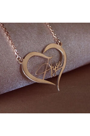 Kadın Rose Renk Kalp İçinde İmza İsim Yazılan  Gümüş Kolye Zincir Gklrosısımy