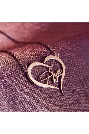 Kadın Rose Renk Kalp İçinde İmza İsim Yazılan  Gümüş Kolye Zincir Gklrosısımy