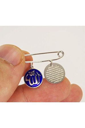 Gümüş Bebek Nazarlık Iğne Allah Ve Ayetel Kürsi Yazılı Beyaz Model Mavi