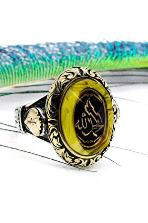 Elhamdülillah Yazılı Özel Kesim Sıkma Kehribar Taşlı Gümüş Erkek Yüzük