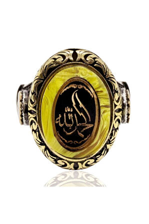 Elhamdülillah Yazılı Özel Kesim Sıkma Kehribar Taşlı Gümüş Erkek Yüzük