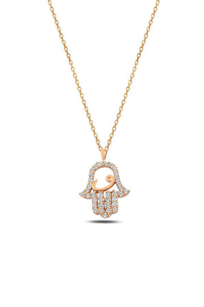 Kadın Gümüş Kolye - Zirkon Taşlı Rose Renk Vav Fatma Ana Eli Gümüş Kolye