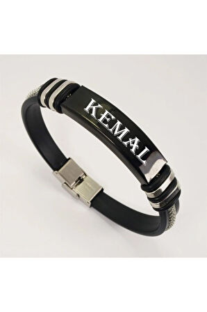 Isimli Erkek Çelik Kauçuk Bileklik Künye Siyah Model Çelik Zincirli