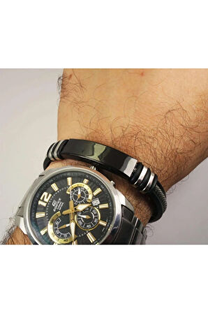 Isimli Erkek Çelik Kauçuk Bileklik Künye Siyah Model Çelik Zincirli