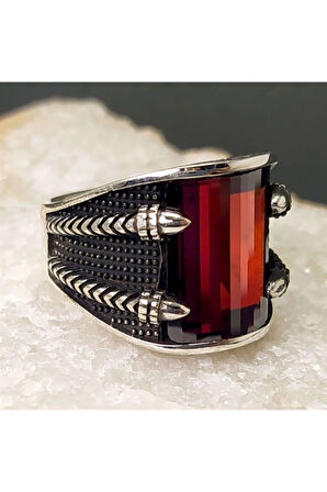 Kırmızı Zirkon Taşlı Pençe Erkek Gümüş Yüzük